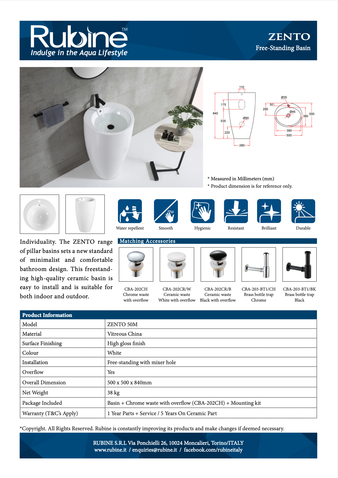 RUBINE ZENTO 50M Free Standing Basin