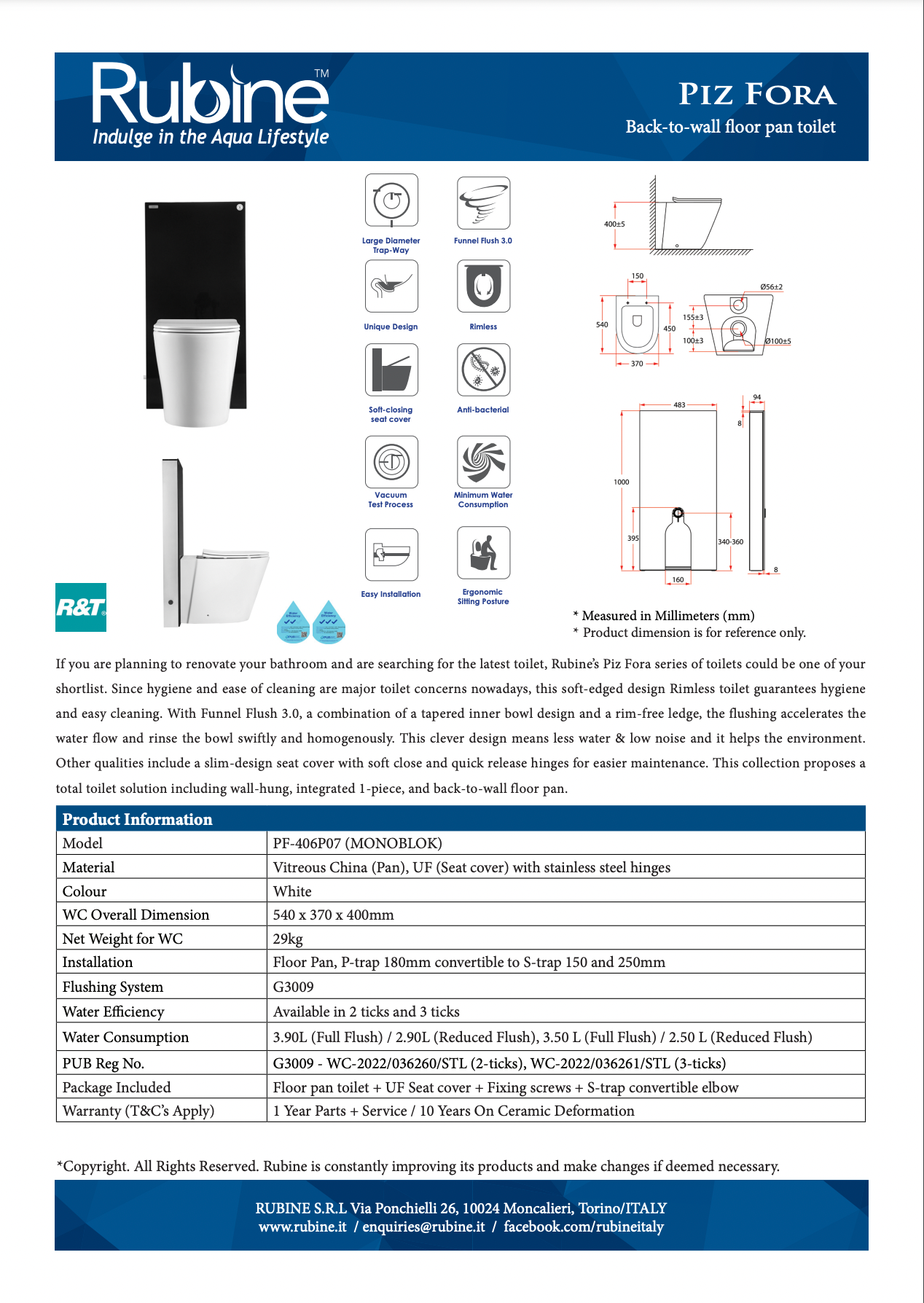 RUBINE PF-406P07 (MONOBLOK) Back-to-Wall Floor Pan Toilet Bowl