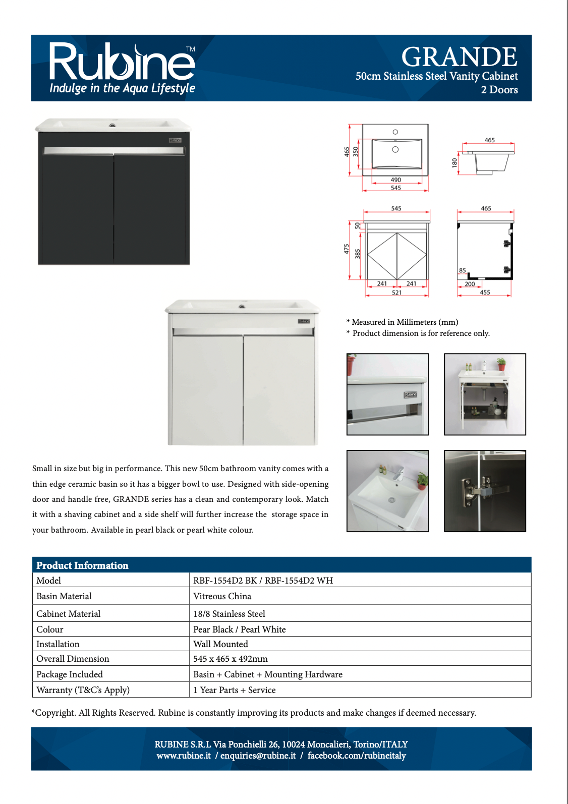 RUBINE 50CM Basin Cabinet RBF-1554D2-BK (Available in Black and White)