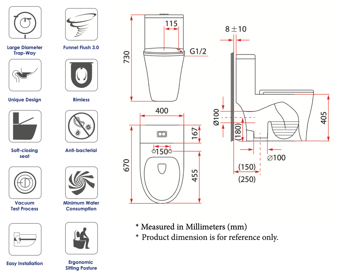 RUBINE PN-105S06 | PN-105S10 Rimless One Piece Toilet Bowl (Available in S Trap 6"/10")