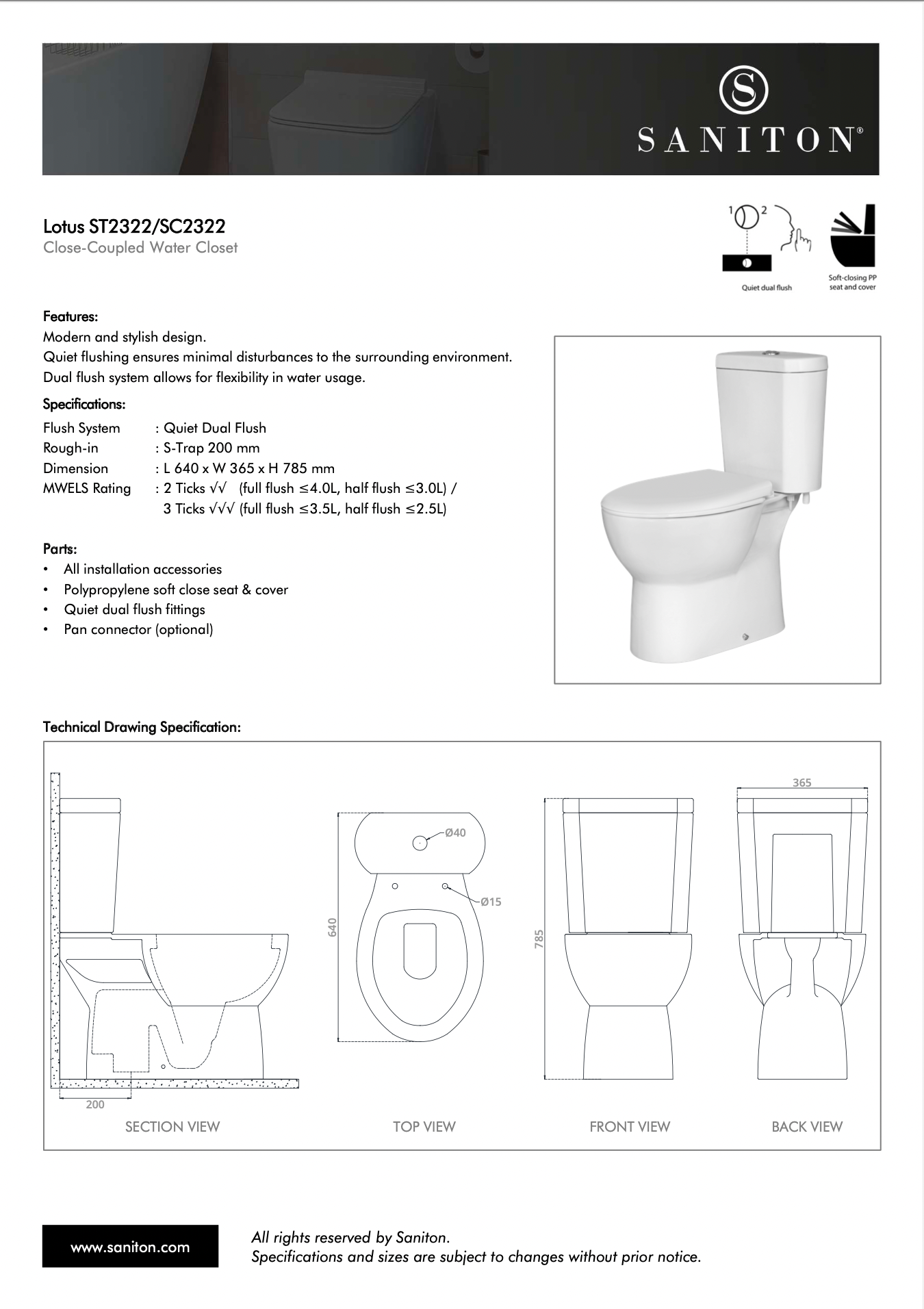 Saniton Lotus ST2322/SC2322 Close-Coupled Water Closet