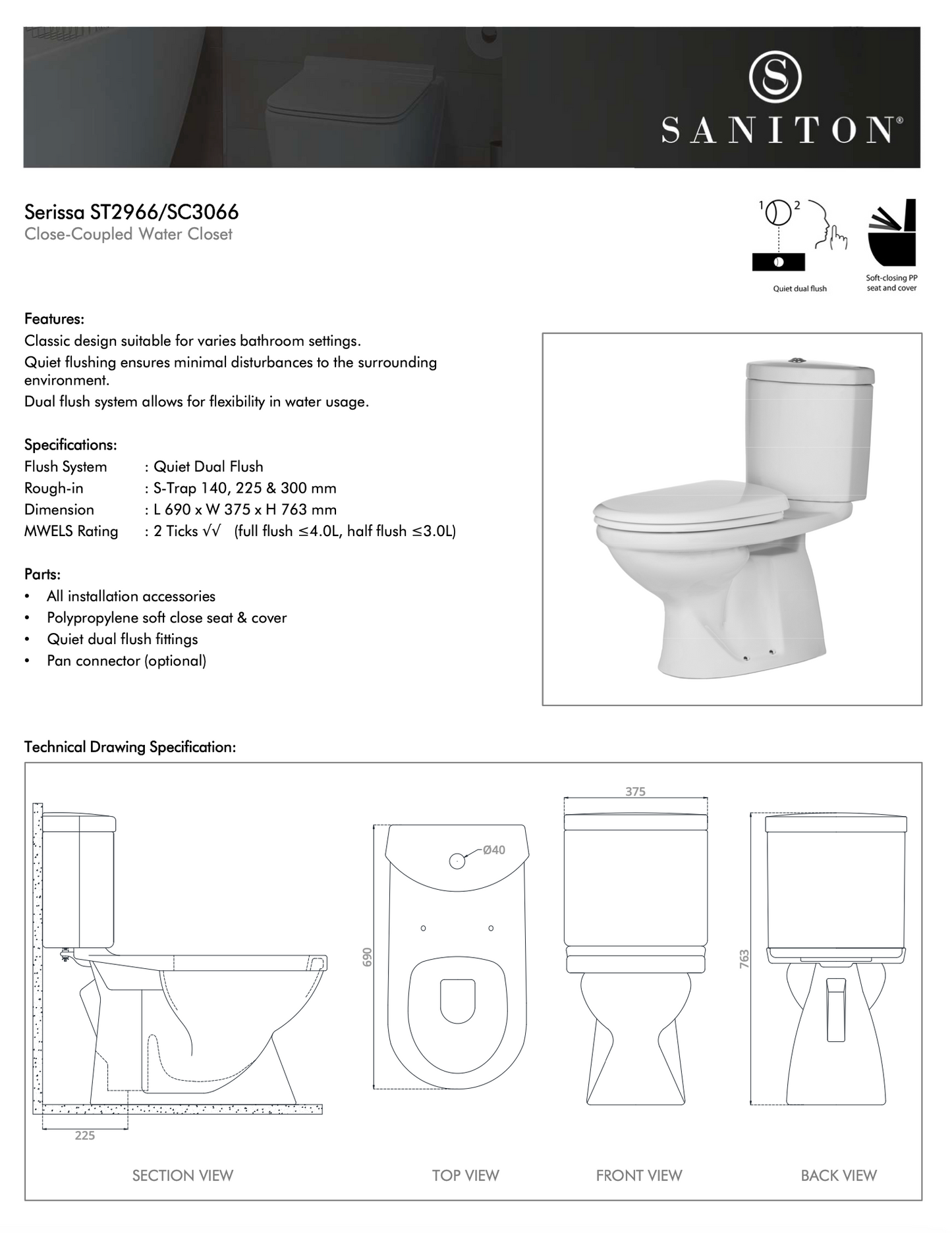 SANITON Serissa ST2966 Two-Piece Toilet Bowl (Available in S-Trap 140, 225, 300mm)