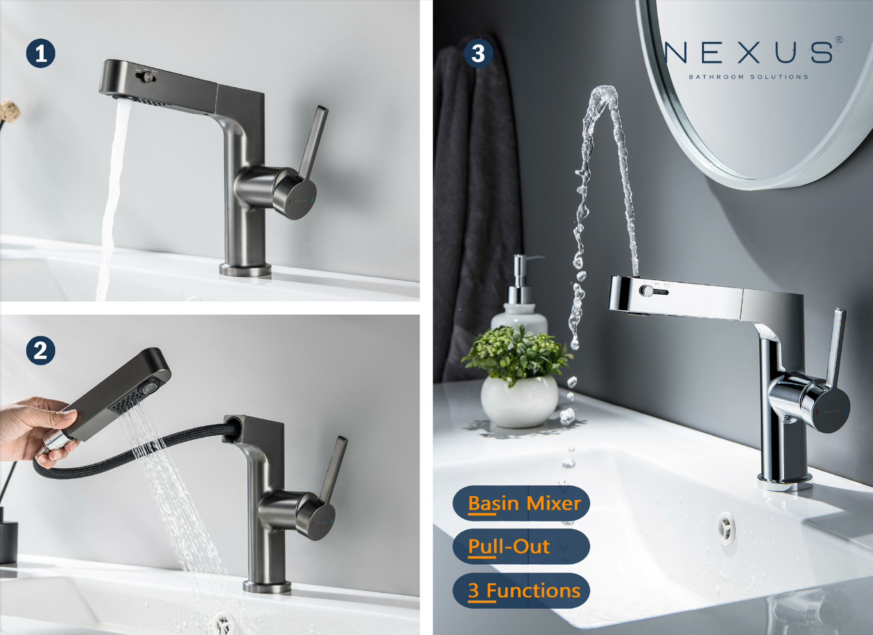 Nexus NF-45004/NF45004GM pull-out basin mixer, embodying sleek modernity for Singapore's young urbanites. This gunmetal-finished faucet features a slim, cylindrical body with clean lines. The flexible pull-out spout offers extended reach and versatility. Its contemporary design harmonizes with trendy bathroom aesthetics, while the matte gunmetal color adds a sophisticated, industrial edge popular among style-conscious Singaporean millennials and Gen Z.