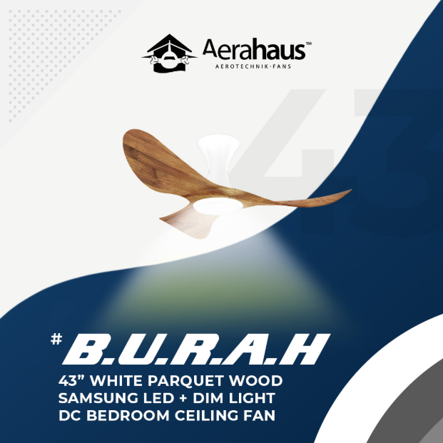 AERAHAUS BURAH 43″ DC CEILING FAN + SAMSUNG 20W LED DIM TRI WAY MEMORY FUNCTION (SMART) White Parquet Wood / Black Parquet Wood