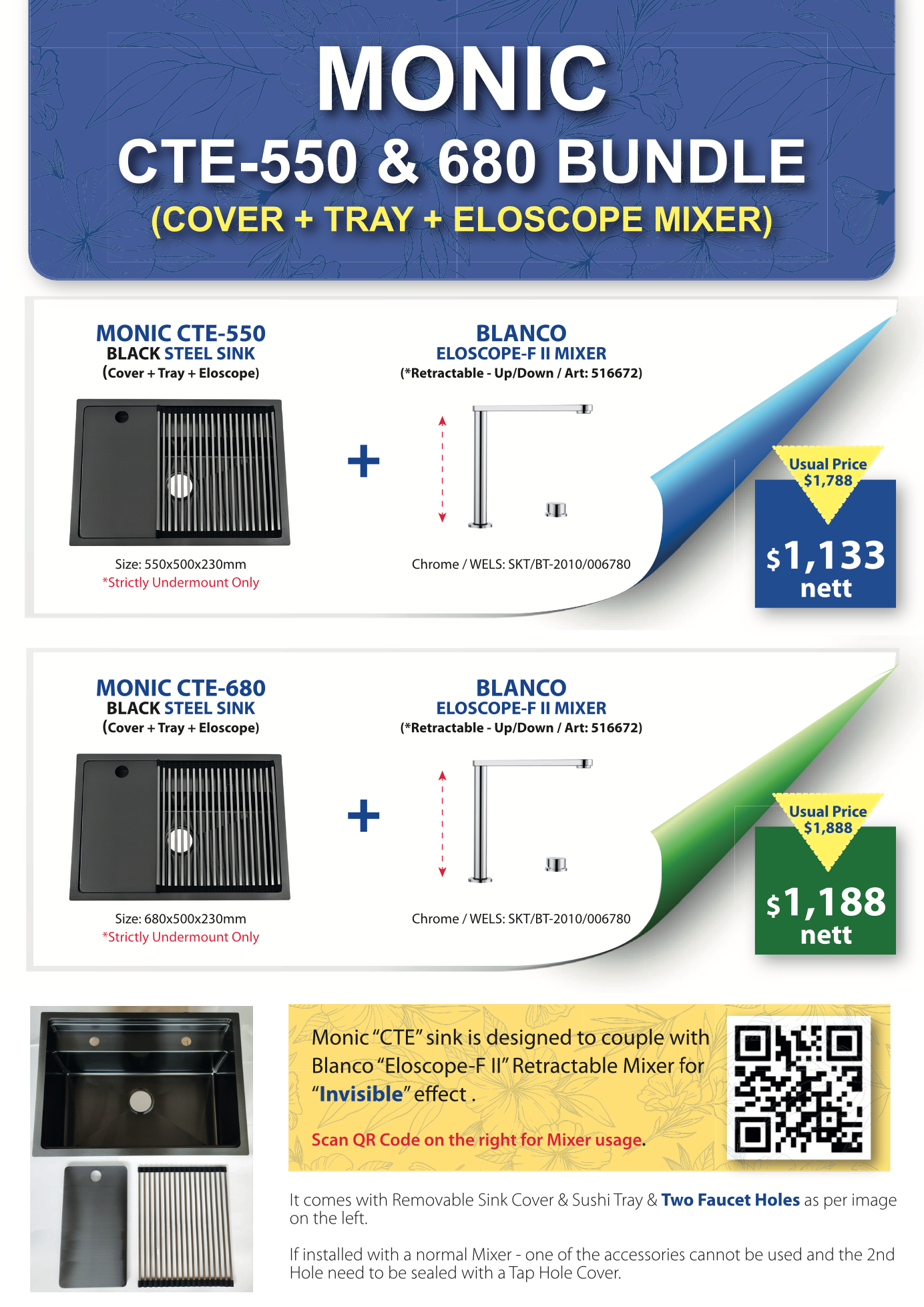Promotional material for MONIC CTE-550 & CTE-680 BUNDLE, featuring a black steel sink with a cover, tray, and eloscope mixer. Includes pricing and product features.