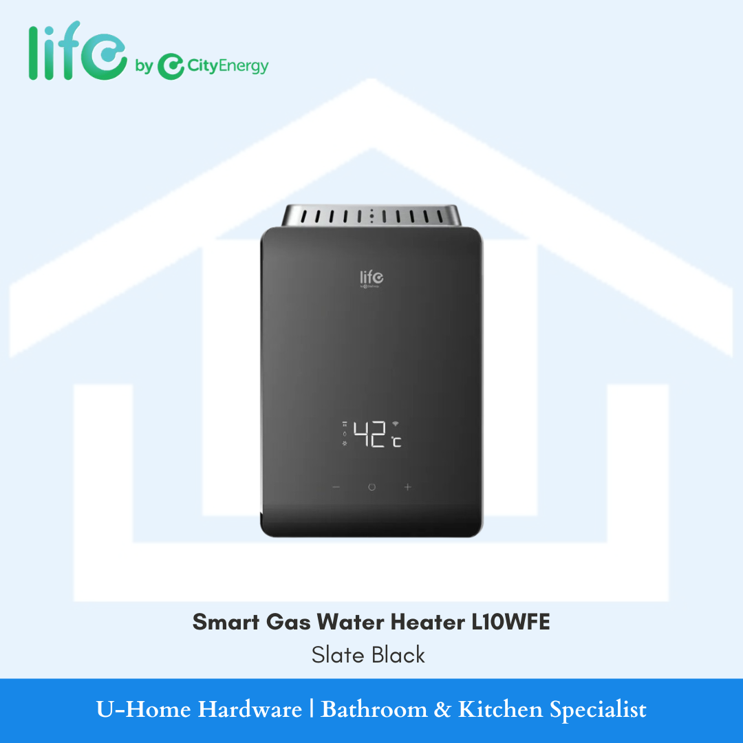 Smart Gas Water Heater L10WFE 10L digital gas heater in a premium Slate Black glass finish.