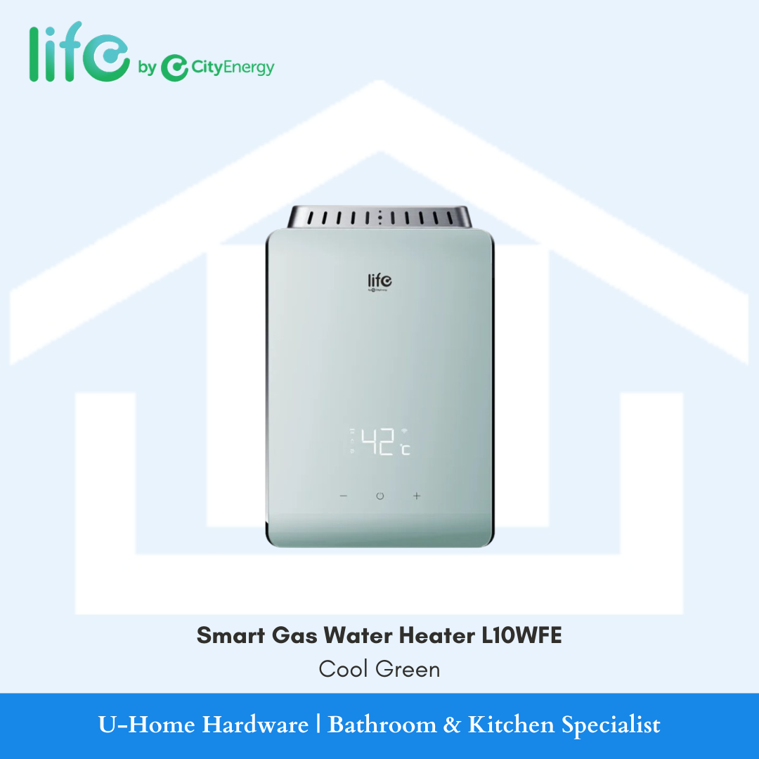 Smart Gas Water Heater L10WFE 10L digital gas heater in a refreshing Cool Green glass finish.