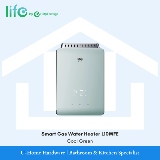 Smart Gas Water Heater L10WFE 10L digital gas heater in a refreshing Cool Green glass finish.