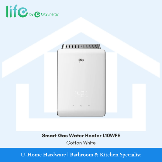 Smart Gas Water Heater L10WFE 10L digital gas heater in a bright, minimalist Cotton White front finish.