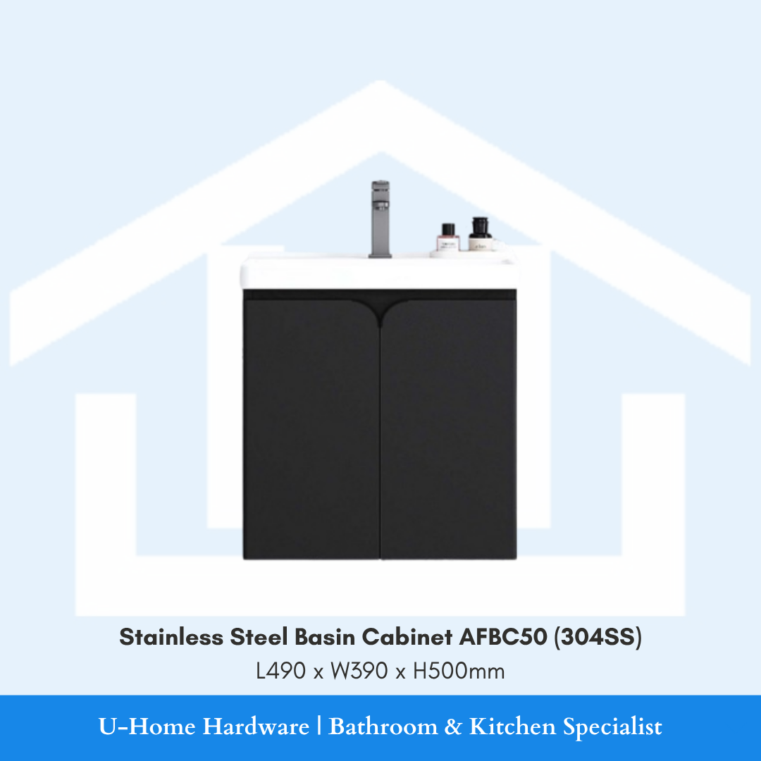 Front view of the AFBC50 bathroom basin cabinet made from high-grade 304 Stainless Steel, showcasing its brushed metallic texture and sturdy door construction.