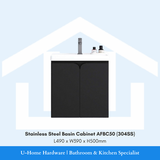 Front view of the AFBC50 bathroom basin cabinet made from high-grade 304 Stainless Steel, showcasing its brushed metallic texture and sturdy door construction.