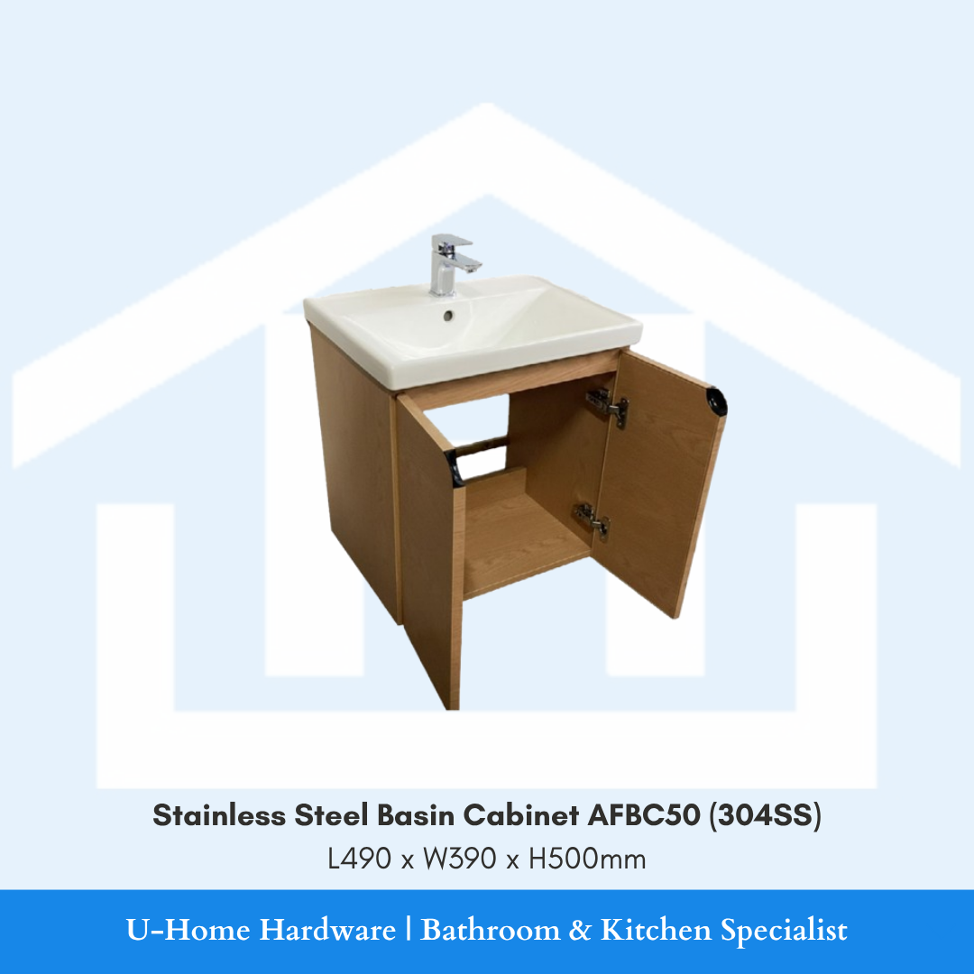 Internal shot of the AFBC50 basin cabinet showing the spacious storage compartment and the clean, stainless steel interior walls