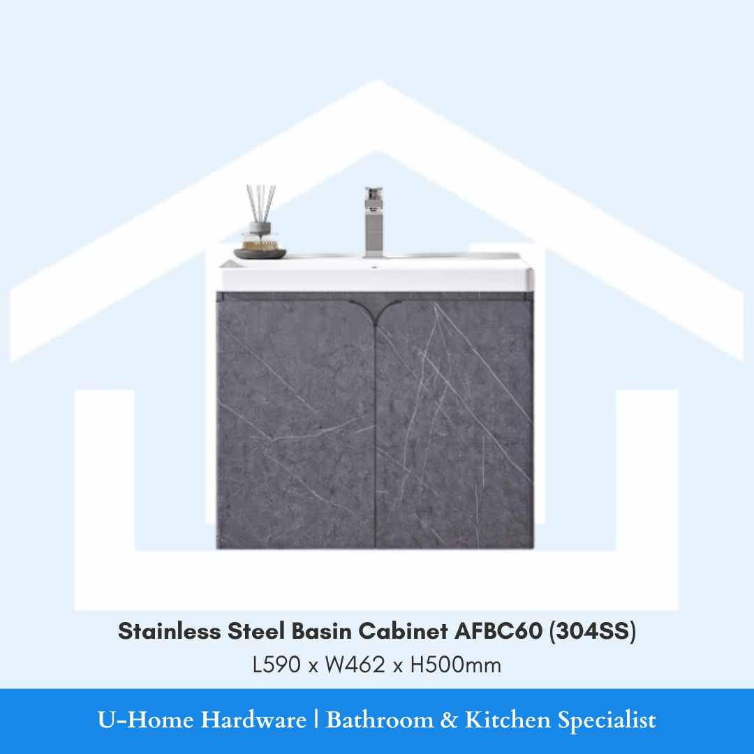 "Front view of the 60cm wide AFBC60 bathroom basin cabinet in high-grade 304 Stainless Steel, highlighting its wide storage profile