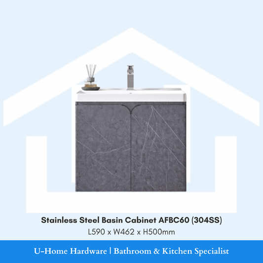 "Front view of the 60cm wide AFBC60 bathroom basin cabinet in high-grade 304 Stainless Steel, highlighting its wide storage profile