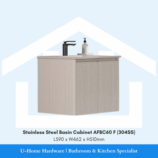 Front view of the AFBC60 F floor-standing basin cabinet in high-grade 304 Stainless Steel, showcasing its sturdy base and 60cm wide storage profile