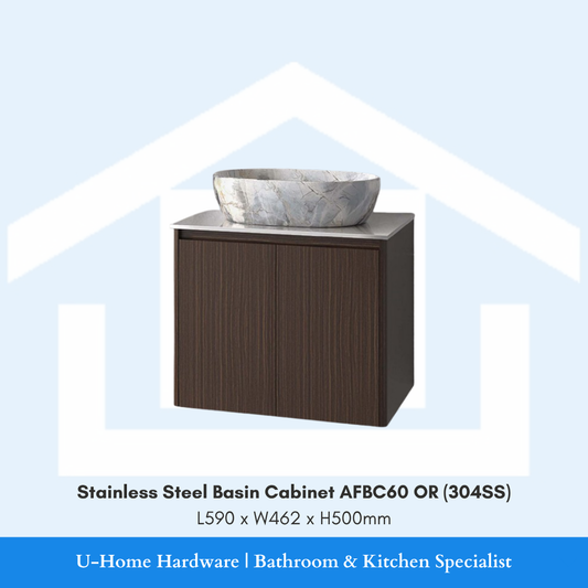Front view of the 60cm wide AFBC60 OR bathroom basin cabinet in high-grade 304 Stainless Steel, showcasing its unique designer metallic finish and sleek silhouette