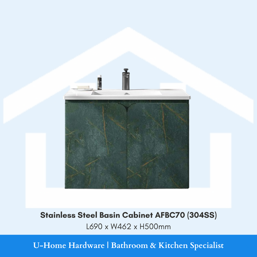 Front view of the 70cm wide AFBC70 bathroom basin cabinet in 304 Stainless Steel, highlighting its expansive double-door storage