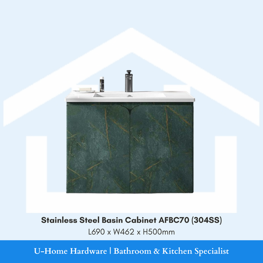 Front view of the 70cm wide AFBC70 bathroom basin cabinet in 304 Stainless Steel, highlighting its expansive double-door storage
