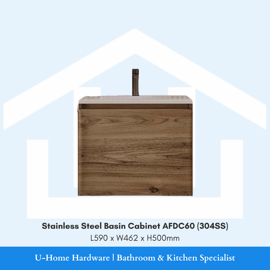 Front view of the 60cm wide AFDC60 bathroom basin cabinet in high-grade 304 Stainless Steel, showcasing its clean lines .