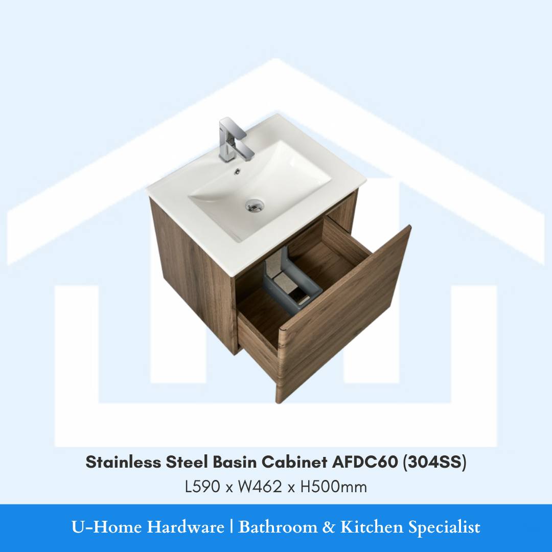 Internal shot of the AFDC60 60cm basin cabinet, showing the spacious interior compartment designed for organizing bathroom essentials and heavy bottles.