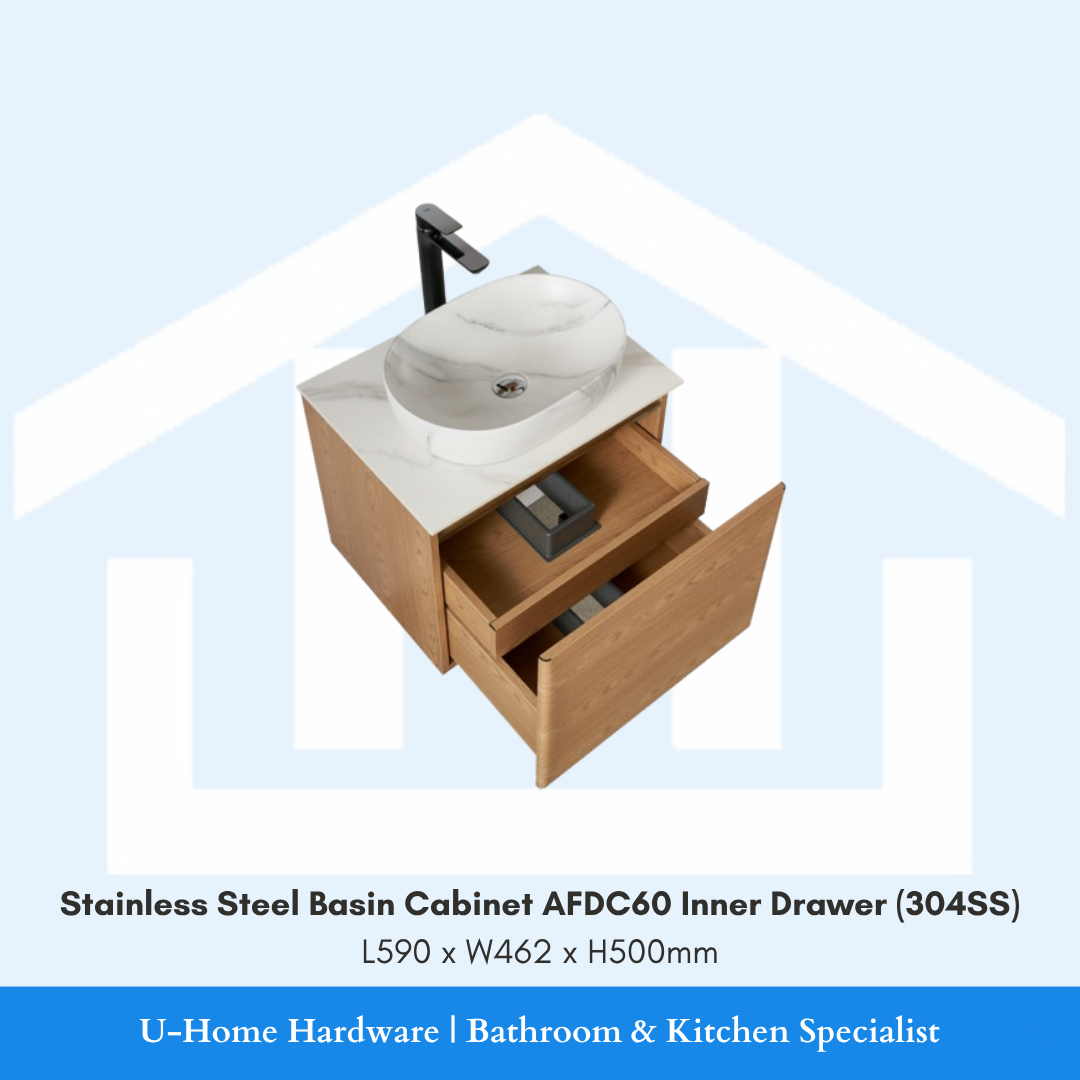Top view of the AFDC60 304SS basin cabinet with the main door open to reveal a built-in Inner Drawer, showcasing the high-capacity, organized storage layout.