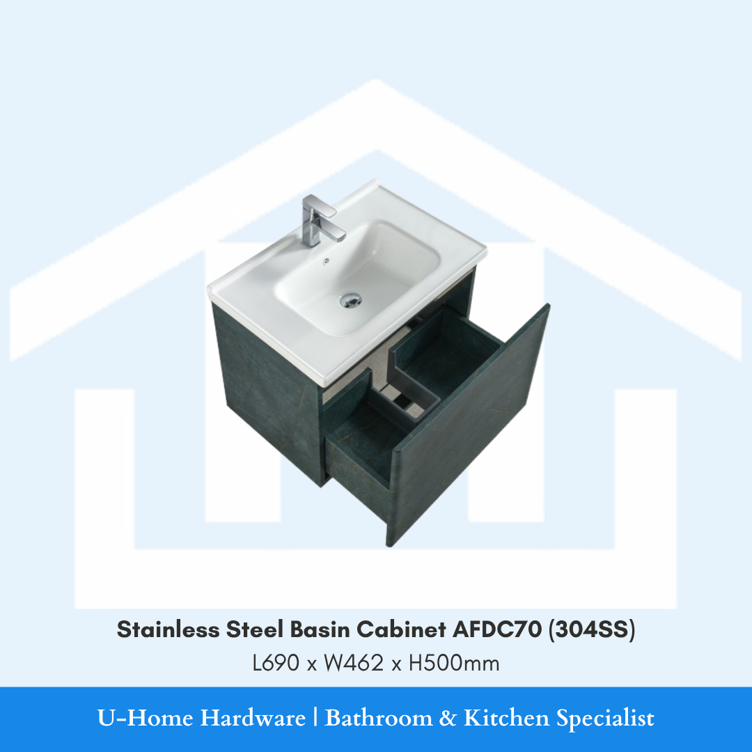 Internal view of the AFDC70 70cm basin cabinet, showing the spacious Non-Absorbent interior compartment 