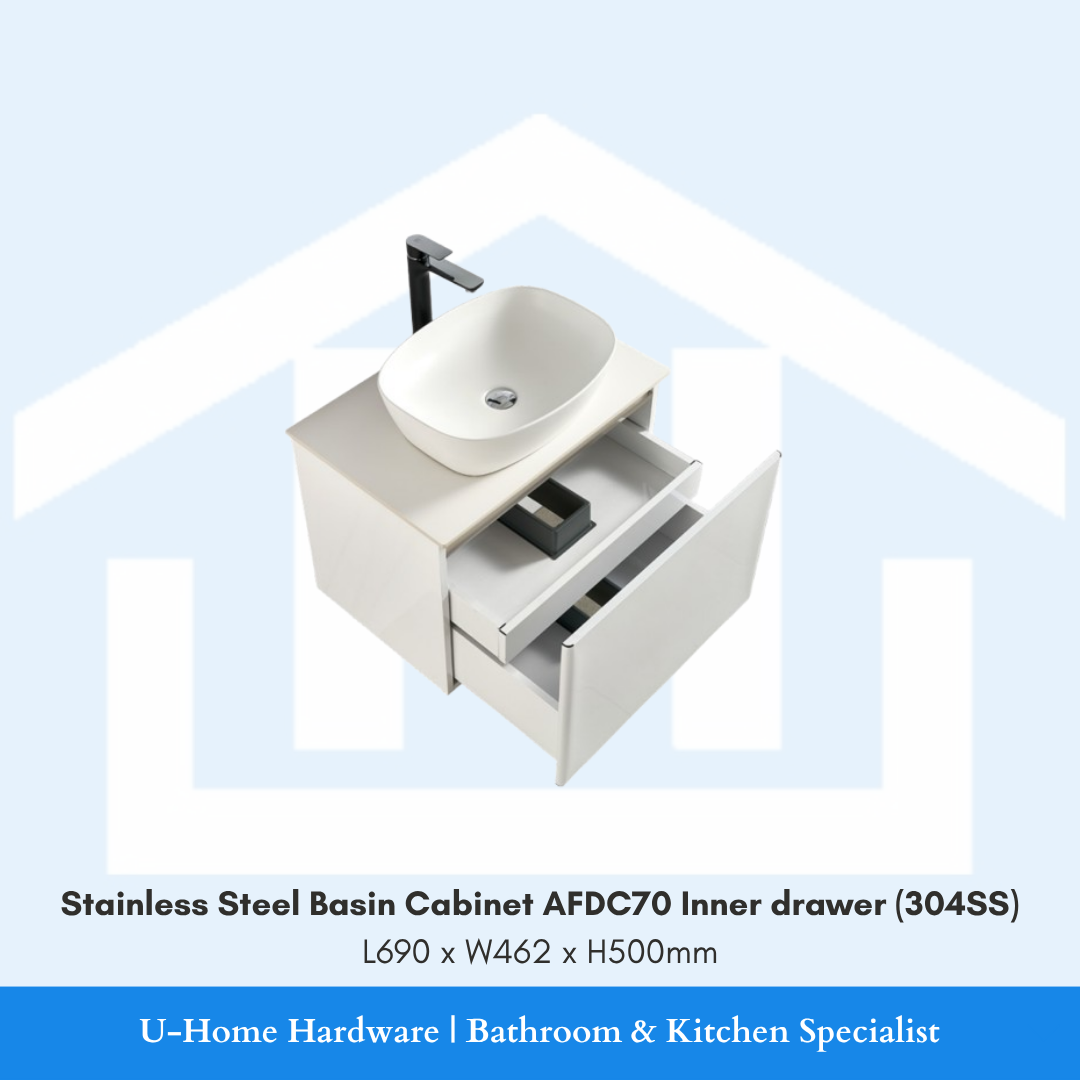 AFDC70 304SS 70cm basin cabinet with doors open to reveal the integrated Inner Drawer, showcasing the high-capacity, tiered storage for large and small toiletries