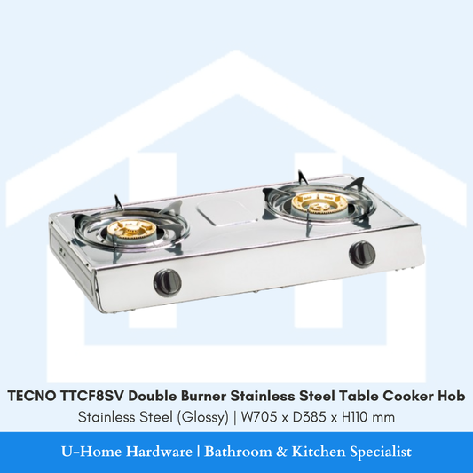 Side profile of the TECNO TTCF8SV stainless steel table cooker, demonstrating its super slim body design and ergonomic control knobs.