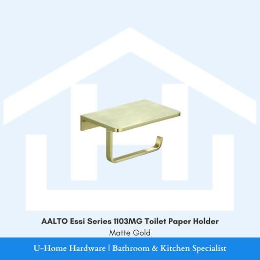 Side profile of the AALTO 1103MG Matte Gold paper holder, highlighting the brushed metallic finish and the concealed wall-mounting bracket.