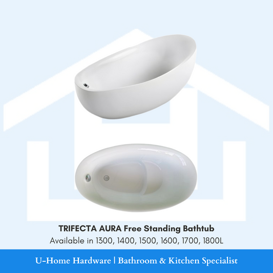 TRIFECTA AURA freestanding acrylic bathtub Singapore, premium one-piece oval tub with heat-retention technology and integrated overflow system
