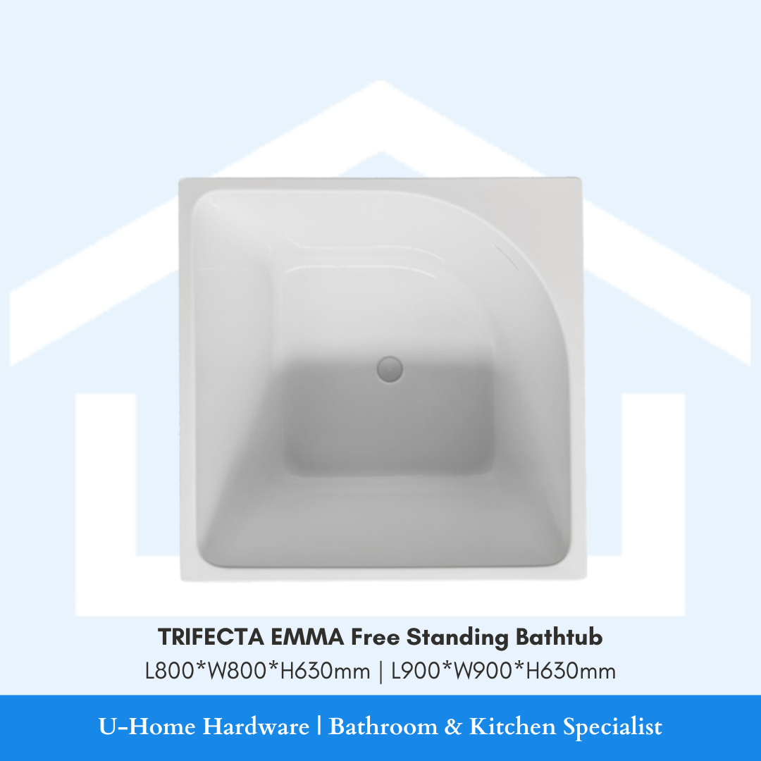 TRIFECTA EMMA free-standing bathtub with dimensions on a light blue background