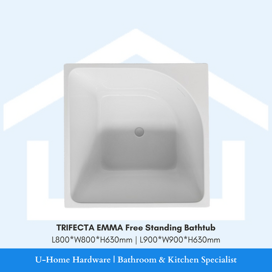 TRIFECTA EMMA free-standing bathtub with dimensions on a light blue background