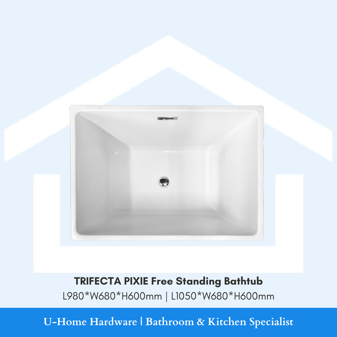 Free-standing bathtub with dimensions on a light blue background