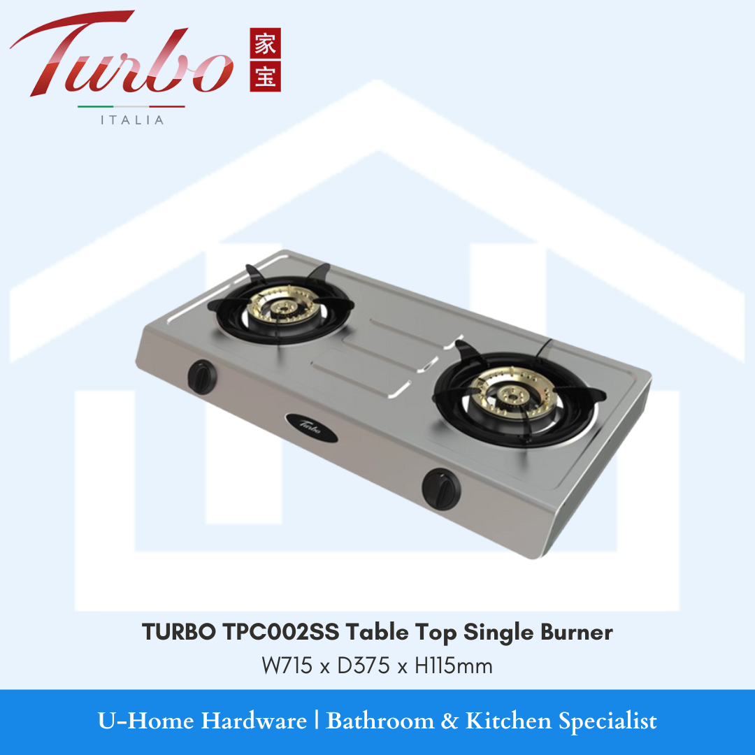 Side angle view of the TURBO TPC002SS table top hob, highlighting the reinforced base for stability and the ergonomic high-flow control knob.