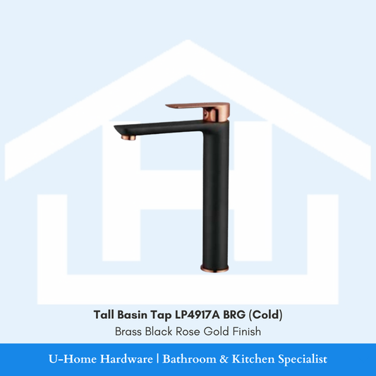 Side profile of a 290mm tall designer faucet with a 230mm spout height, illustrating the generous clearance required for deep vessel sink setups