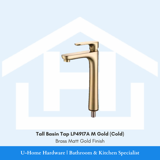 A professional product shot of a 290mm tall basin cold tap featuring a sophisticated, non-reflective Brass Matt Gold finish and a sleek cylindrical body