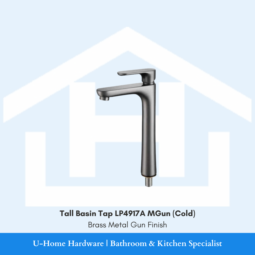 A professional product shot of a 290mm tall basin cold tap showcasing a sophisticated, brushed Metal Gun finish and a minimalist cylindrical body