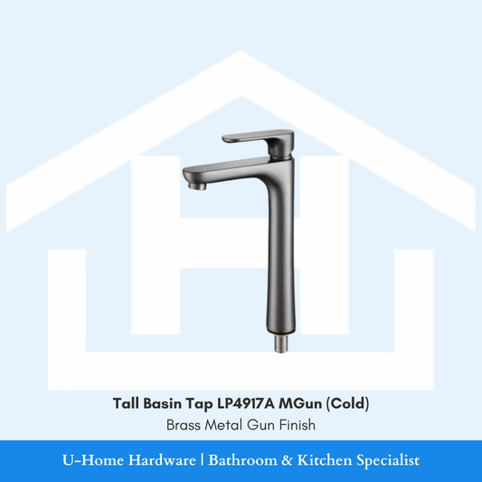 A professional product shot of a 290mm tall basin cold tap showcasing a sophisticated, brushed Metal Gun finish and a minimalist cylindrical body