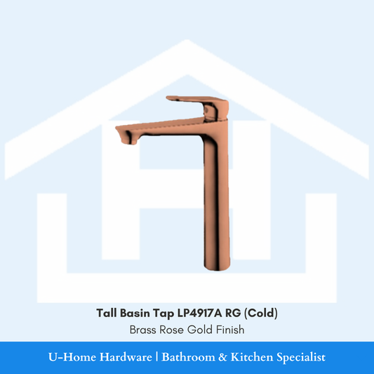 A professional product shot of the LP4917A extra-tall basin cold tap featuring a vertical cylindrical body and a brilliant Rose Gold finish.