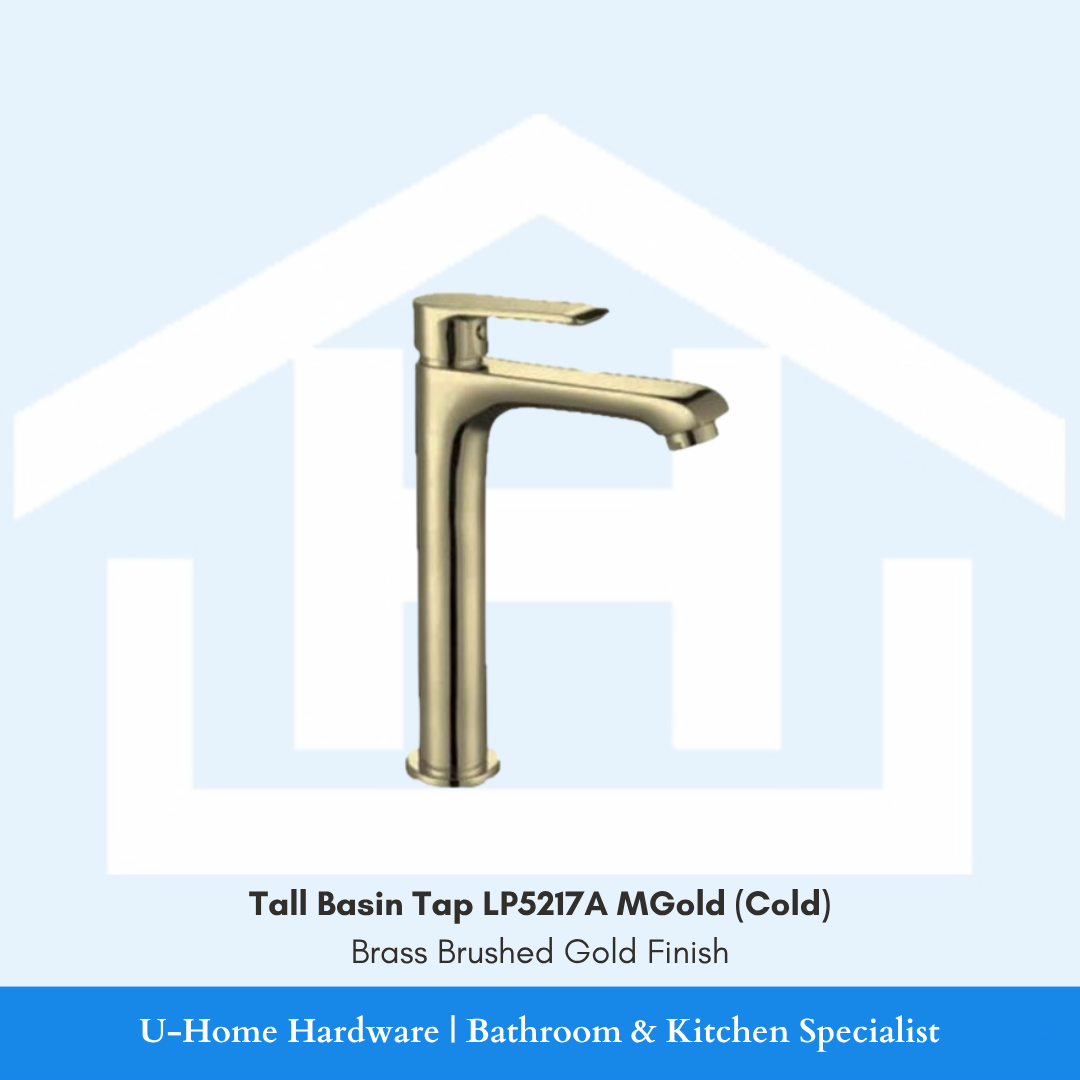 A professional product shot of a 165mm basin tap featuring a sophisticated, non-reflective Brushed Gold finish and a sleek cylindrical body
