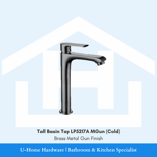 A professional product shot of the LP5217A basin cold tap showcasing a sophisticated, brushed Metal Gun finish and a minimalist 165mm cylindrical body.
