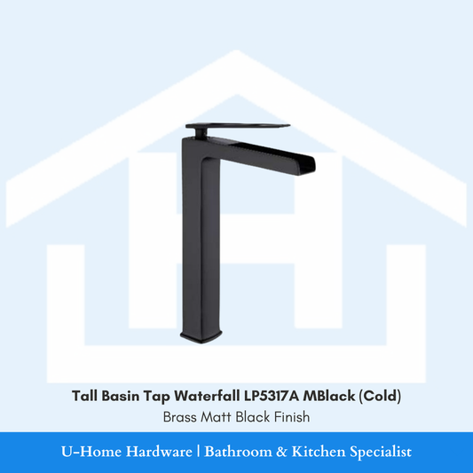A professional product shot of a 165mm waterfall basin tap featuring a sophisticated, non-reflective Brass Matt Black finish and a sleek cylindrical body