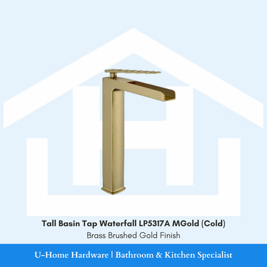 A professional product shot of a 165mm waterfall basin tap featuring a sophisticated Brushed Gold finish and a sleek cylindrical body