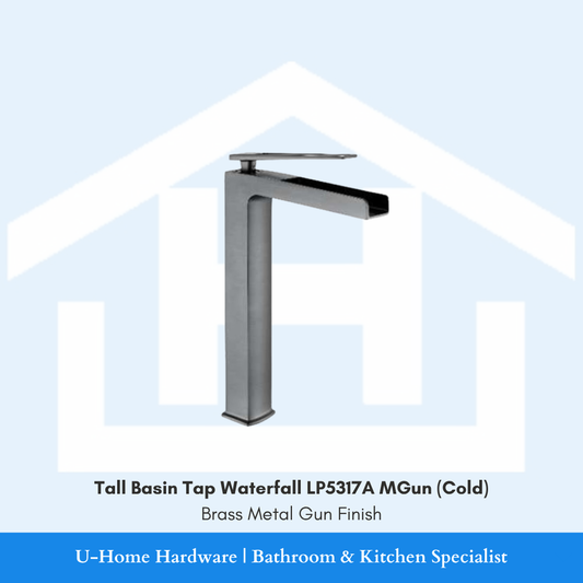 A professional product shot of a 165mm waterfall basin tap featuring a sophisticated, brushed Metal Gun finish and a minimalist cylindrical body
