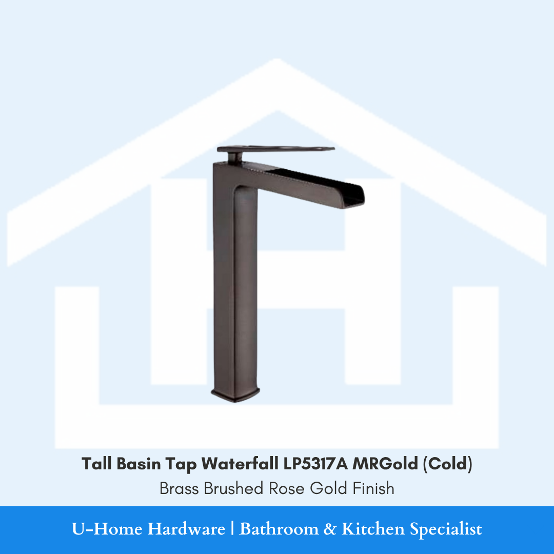 A professional product shot of a 165mm waterfall basin tap featuring a sophisticated Brushed Rose Gold finish and a sleek cylindrical body
