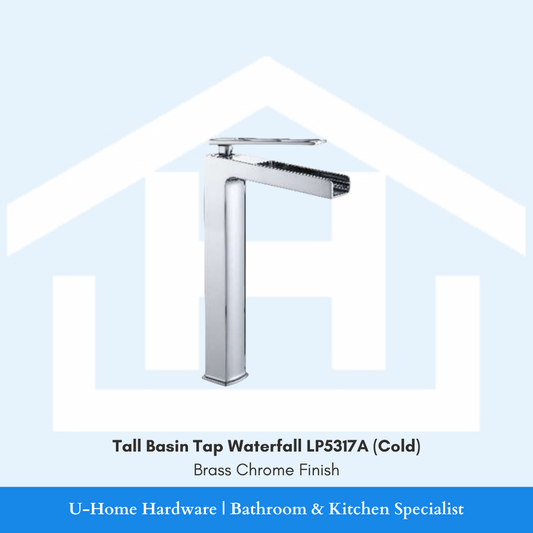 A professional product shot of a 165mm waterfall basin tap featuring a high-shine reflective Brass Chrome finish and a minimalist cylindrical body