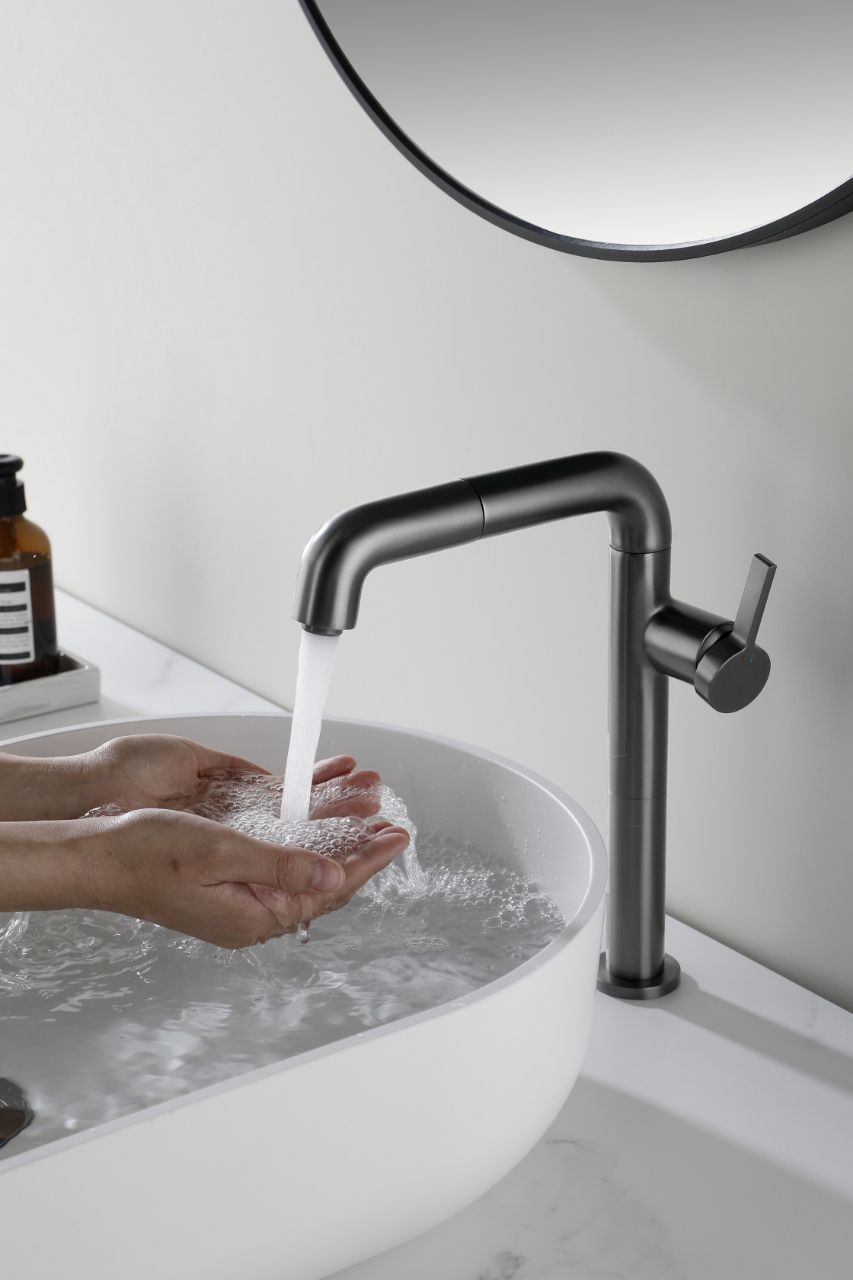Person washing hands under Tall Basin Tap 1165GM (Mixer) water flow