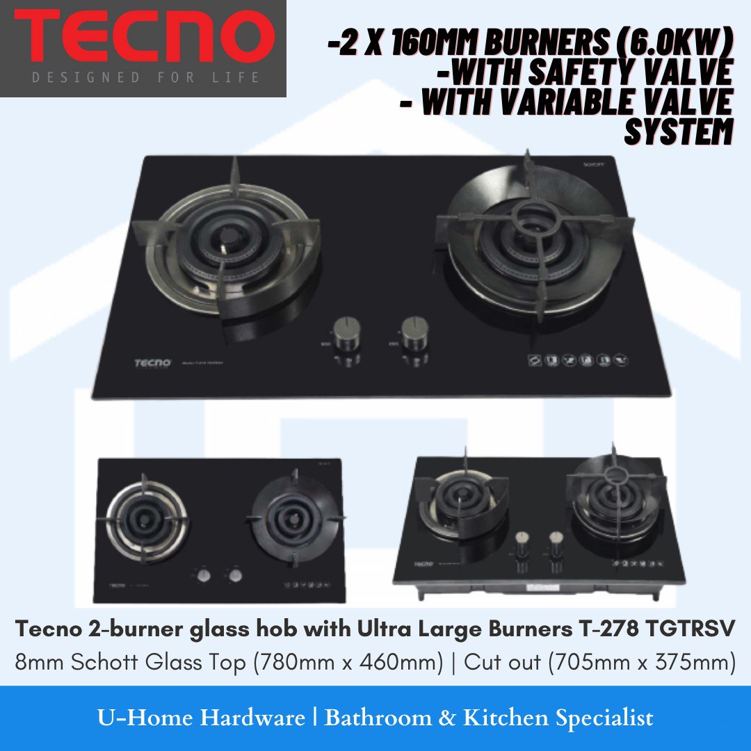 TECNO T 278TGTRSV 2-Burner 78cm Glass Cooker Hob (Gas) with True Triple Ring Burners