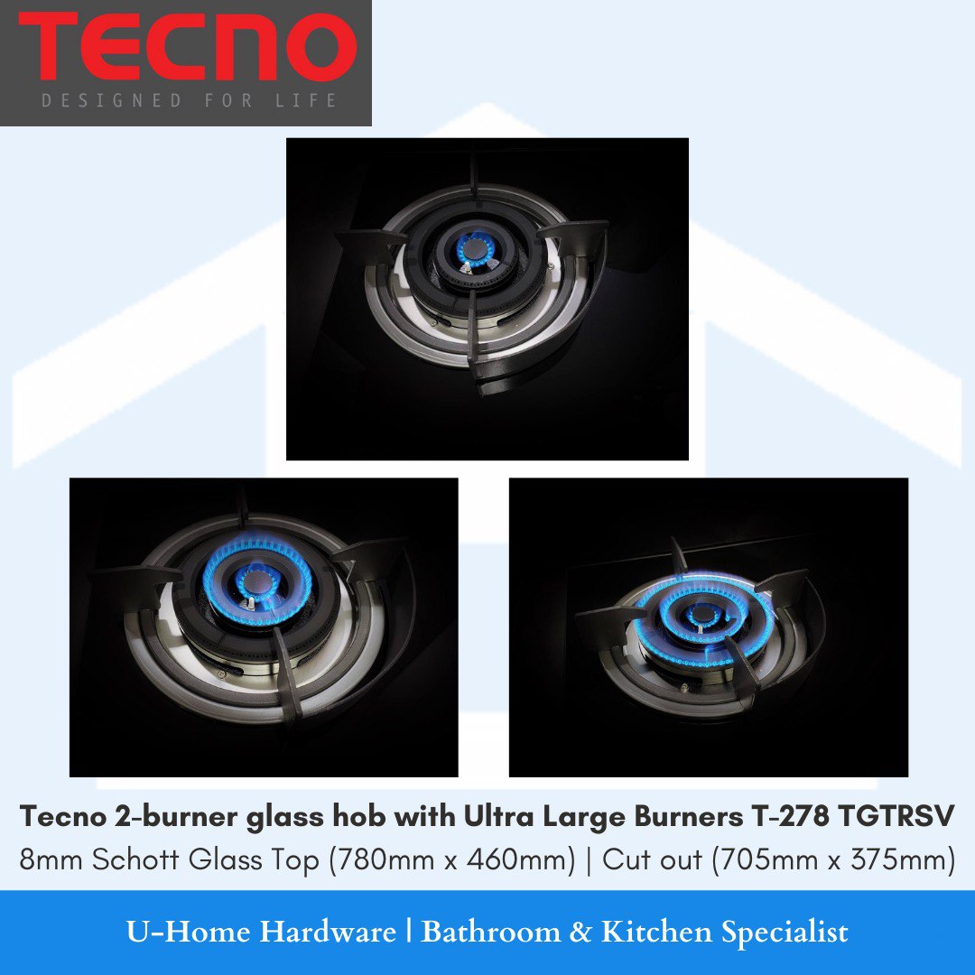 TECNO T 278TGTRSV 2-Burner 78cm Glass Cooker Hob (Gas) with True Triple Ring Burners