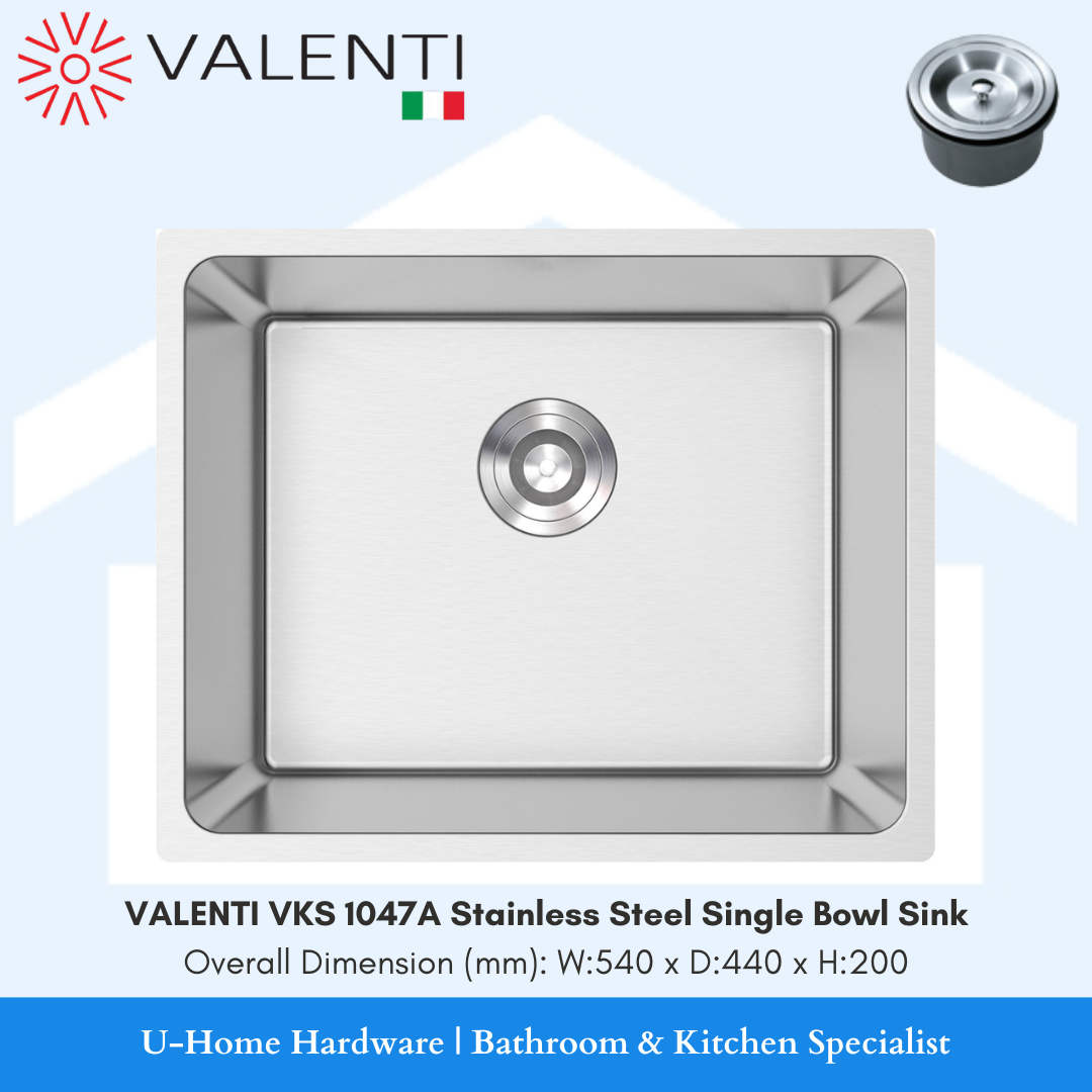 A Valentini VKS 1047A stainless steel single bowl kitchen sink, showing the bowl alone with dimensions and branding visible.